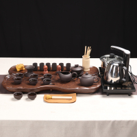 百鸿(Baihong) 整套茶具套装家用功夫陶瓷茶壶茶杯茶道科技木茶盘 压板荷叶原矿紫砂电热炉套装