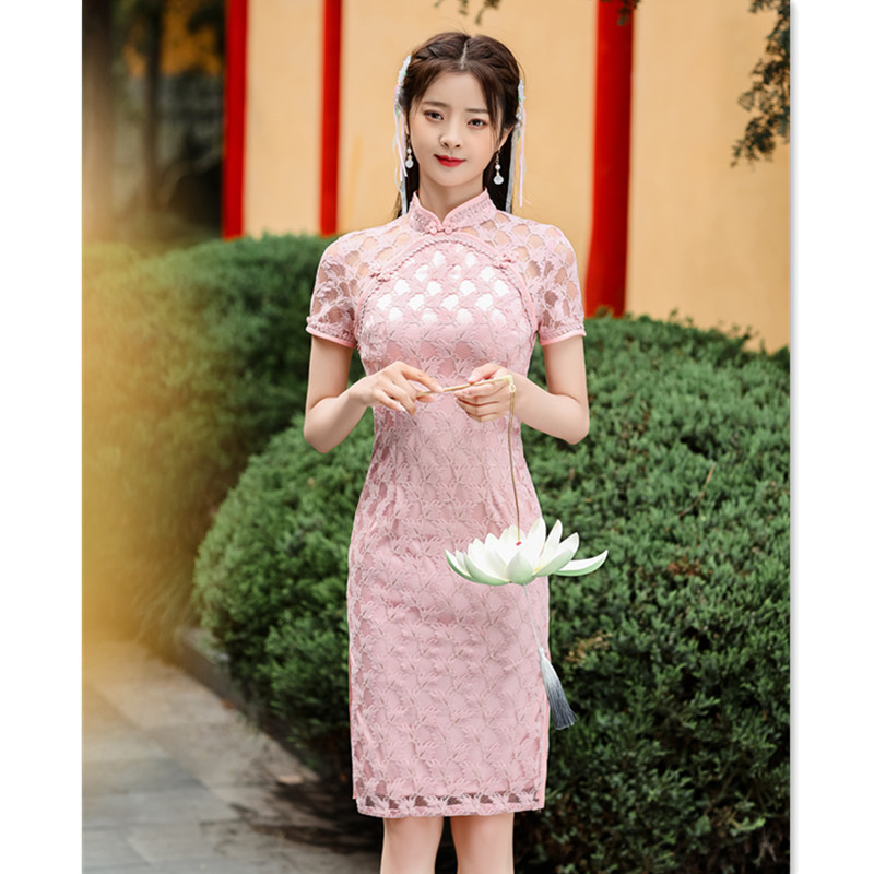 蕾丝双层粉色旗袍夏季新款时尚改良版少女日常中长款短袖旗袍视频