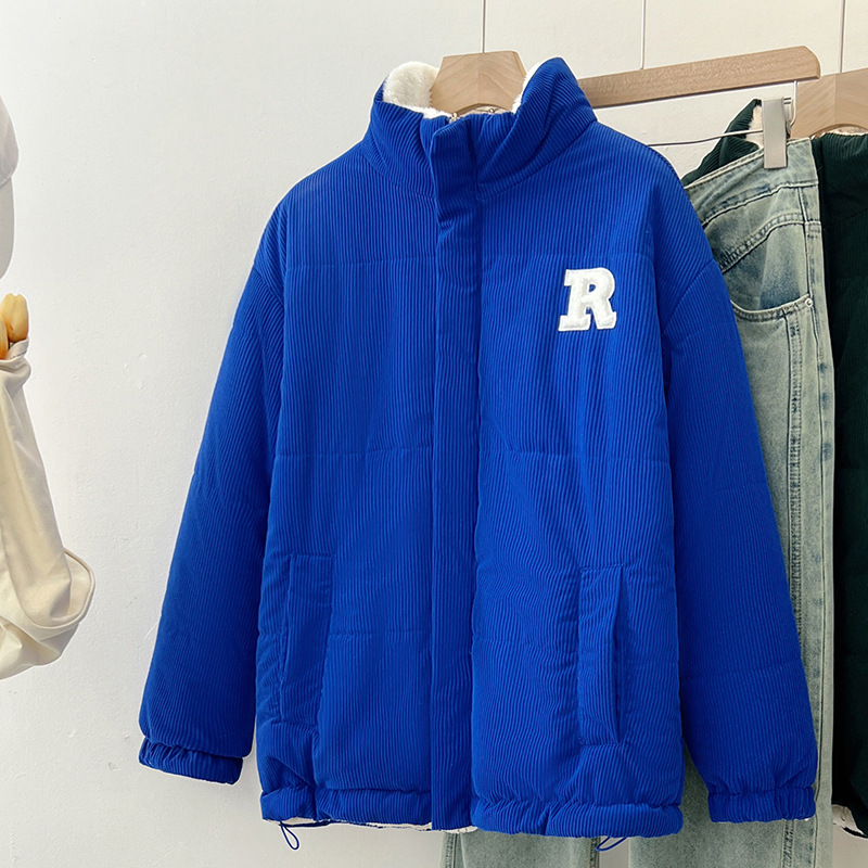 双面穿羊羔毛棉服女冬季灯芯绒棉衣潮流百搭加绒加厚保暖棉袄外套_672723 蓝色 L