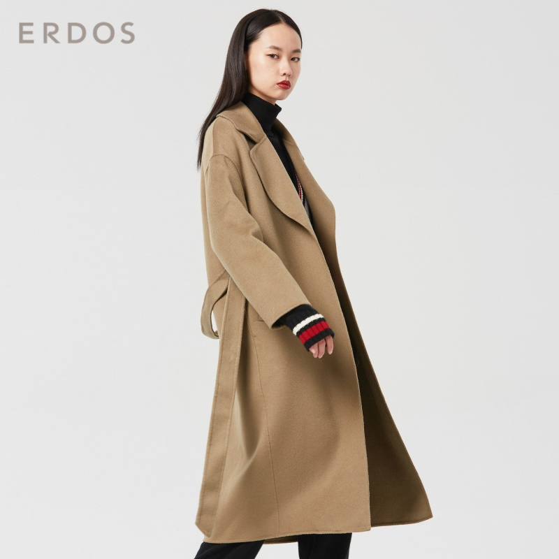ERDOS 翻领系带女长款毛绒手缝双面呢大衣羊绒外套
