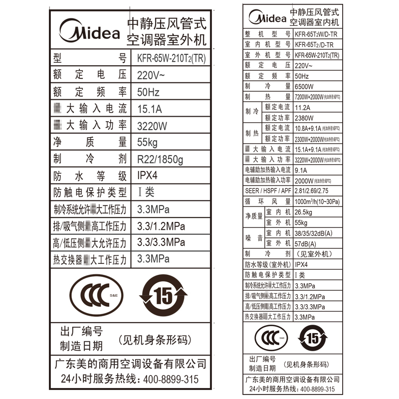 美的(midea)2.5匹 家用 中央空调 定频 一拖一 冷暖型 风管机 KFR-65T2W/D-TR高清大图