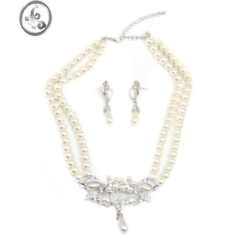 JiMi精美珍珠首饰新娘结婚跟妆饰品森系婚纱礼服耳环项链套装宴会配饰图片