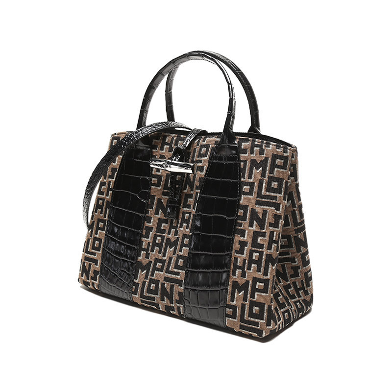 珑骧longchamp奢侈品女士roseau系列中号织物配皮手提单肩斜挎包竹节