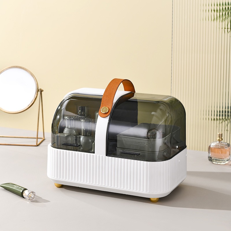 华普思手提化妆品收纳盒桌面口红护肤品首饰收纳整理架防尘化妆盒收纳箱茶色&优雅白加厚32.5*19.5*23CM