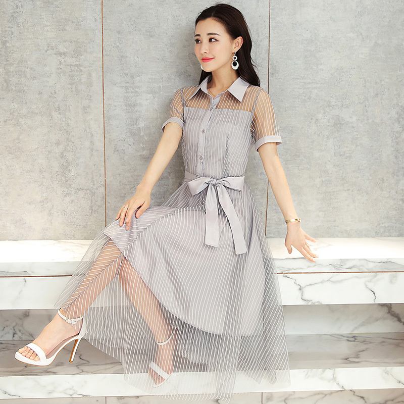 网纱连衣裙夏款修身显瘦温柔条纹衬衫裙显瘦气质收腰仙女长裙