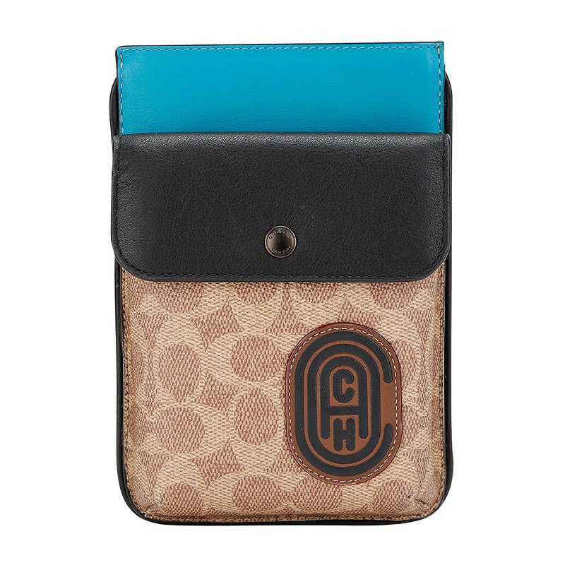 COACH 蔻驰 奢侈品 欧美时尚经典女士专柜款卡其拼色人造革配皮单肩手机包斜挎包 女 76328 P32