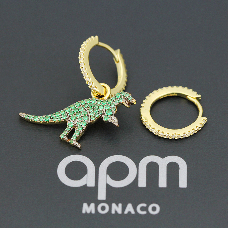 apm MONACO经典镶绿晶钻小恐龙耳环925银耳饰AE10940XGY 薄荷绿