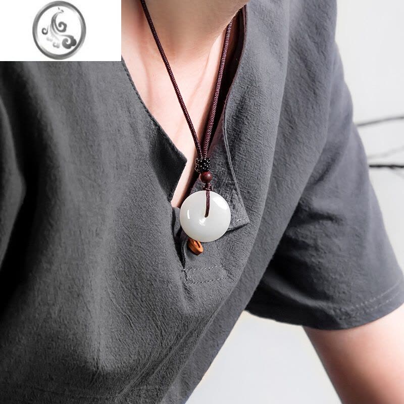 JiMi新疆和田玉平安扣吊坠男女情侣款玉佩羊脂白玉项链儿童平安扣送礼图片