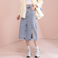 [2.5折价90元]唐狮春秋新款牛仔半身裙女高腰显瘦中长款开叉百搭包臀a字裙