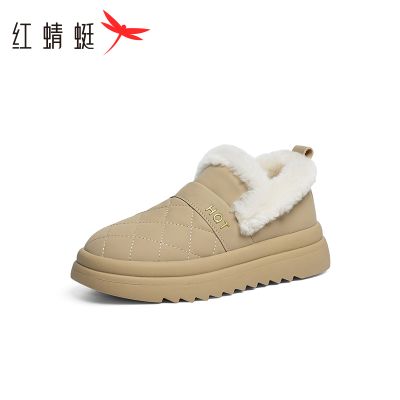 红蜻蜓女鞋2024新款冬季加绒加厚保暖雪地靴一脚蹬毛毛鞋短靴子 杏色 39码