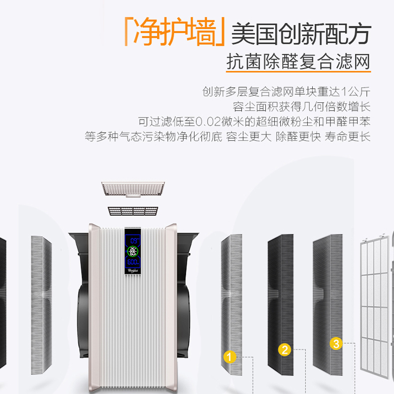 惠而浦(Whirlpool)空气净化器WA-7801FK家用氧吧负离子发生器卧室快速除甲醛[支持苏宁智能APP远程操控
