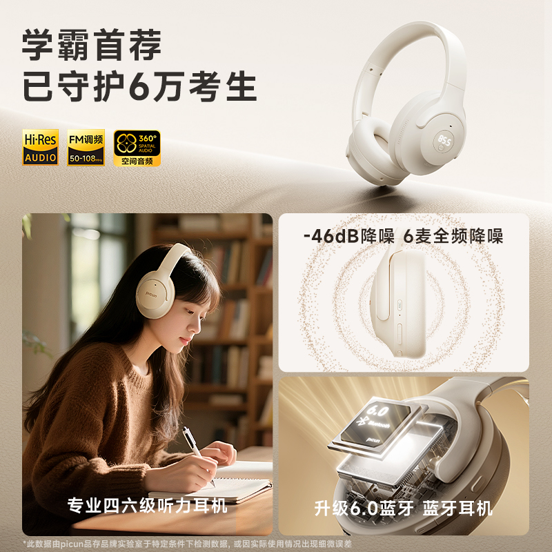 品存(picun)头戴式无线蓝牙耳机重低音音乐运动电竞游戏带麦降噪卡其白ANC-05Y高清大图