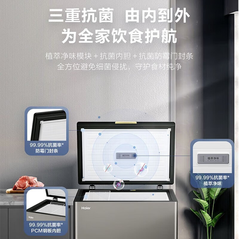 海尔冷柜 200升家用商用小型深冷速冻柜一级能效卧式冷柜海鲜冷藏冷冻柜 彩晶顶板+植萃净味BC/BD-200GHPG