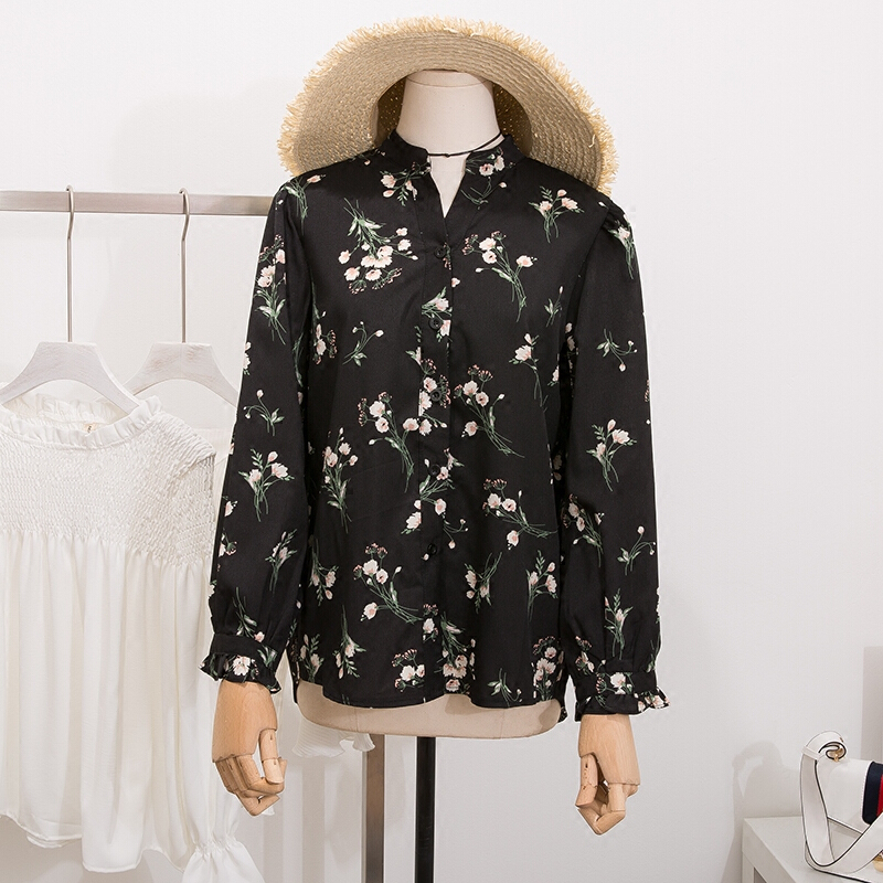 小碎花雪纺衫女春秋百搭长袖上衣韩版宽松显瘦喇叭袖印花雪纺衬衫黑色
