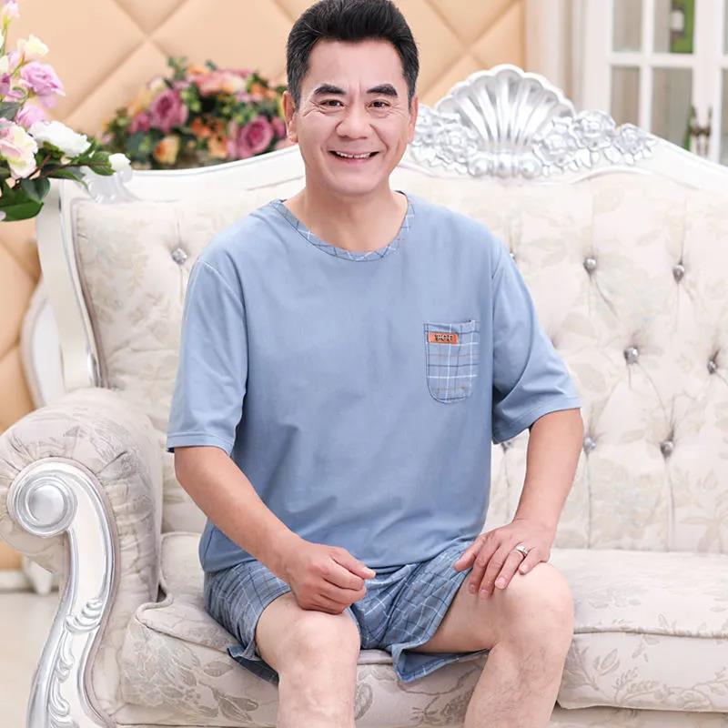 夏季爸爸棉质睡衣男士短袖短裤加大码套装中老年人男式薄款家居服莎丞