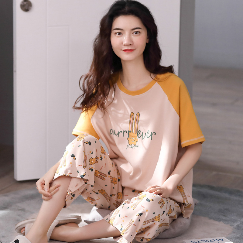 浪莎新款纯棉夏季睡衣女高裆短袖七分裤韩版休闲宽松家居服可外穿