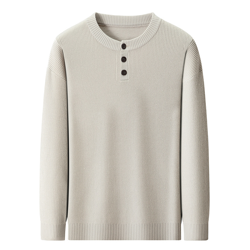 三粒扣圆领毛衣男秋季新款时尚休闲纯色百搭长袖打底男士针织衫_513高清大图