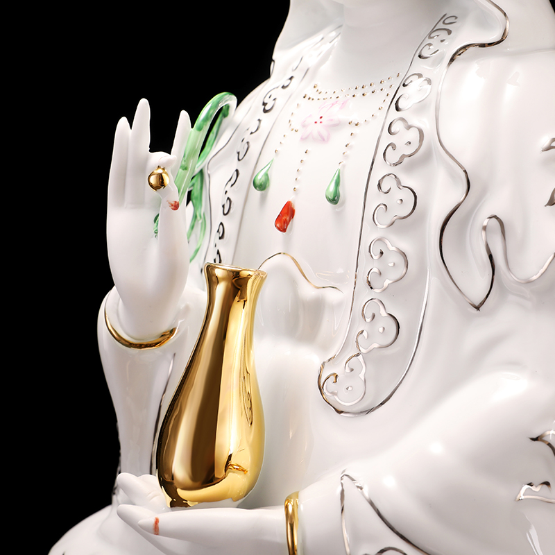纯白南海观音菩萨佛像家用陶瓷居家供奉客厅摆件白衣坐莲观世音 三维工匠 14寸高清大图