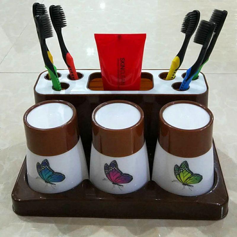 1/2/3口之家牙刷架洗漱套装情侣牙膏架漱口杯牙刷盒刷牙杯架台式 咖啡蝴蝶杯
