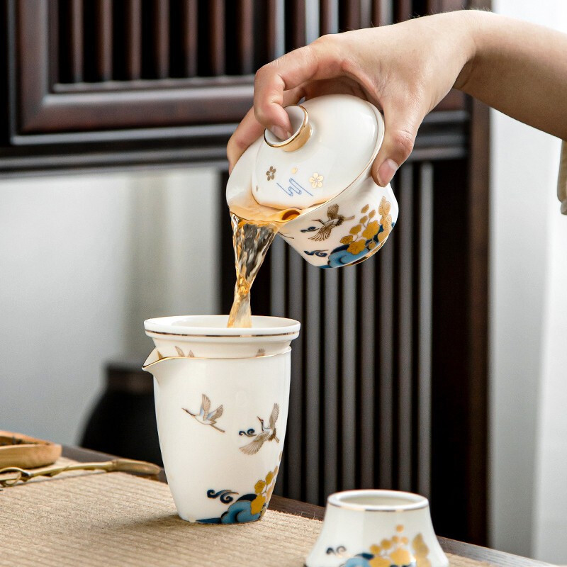 金镶玉 [国潮来袭]功夫茶具套装 中国白羊脂玉瓷家用陶瓷茶壶盖碗茶杯公道杯送礼礼盒装 花间云鹤羊脂玉瓷套装