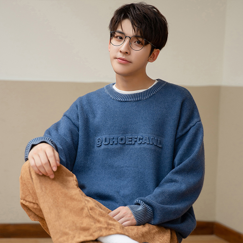 唐狮秋冬季男士毛衣新款复古潮流做旧字母压印设计感毛线衫男生