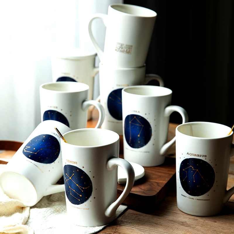 哑光白星座杯(狮子座)|杯子创意个性潮马克杯咖啡杯陶瓷杯带盖勺北欧ins大容量喝水杯