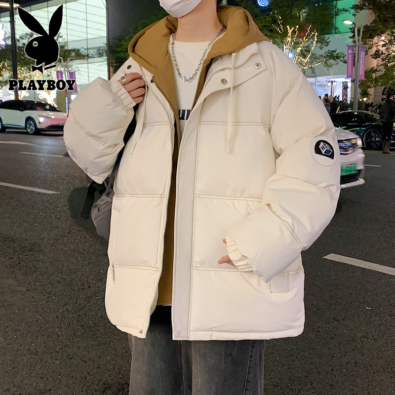 花花公子新款青少年学院风男式宽松连帽棉衣面包服假两件加厚棉服高清大图