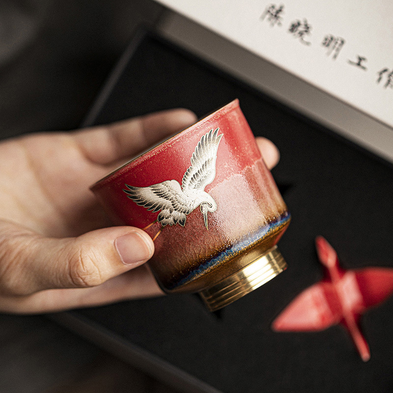 領藝 优选茶杯主人杯陶瓷品茗杯小茶杯中式茶礼功夫茶具 石红瑞鹤宽宏铜底杯礼盒装