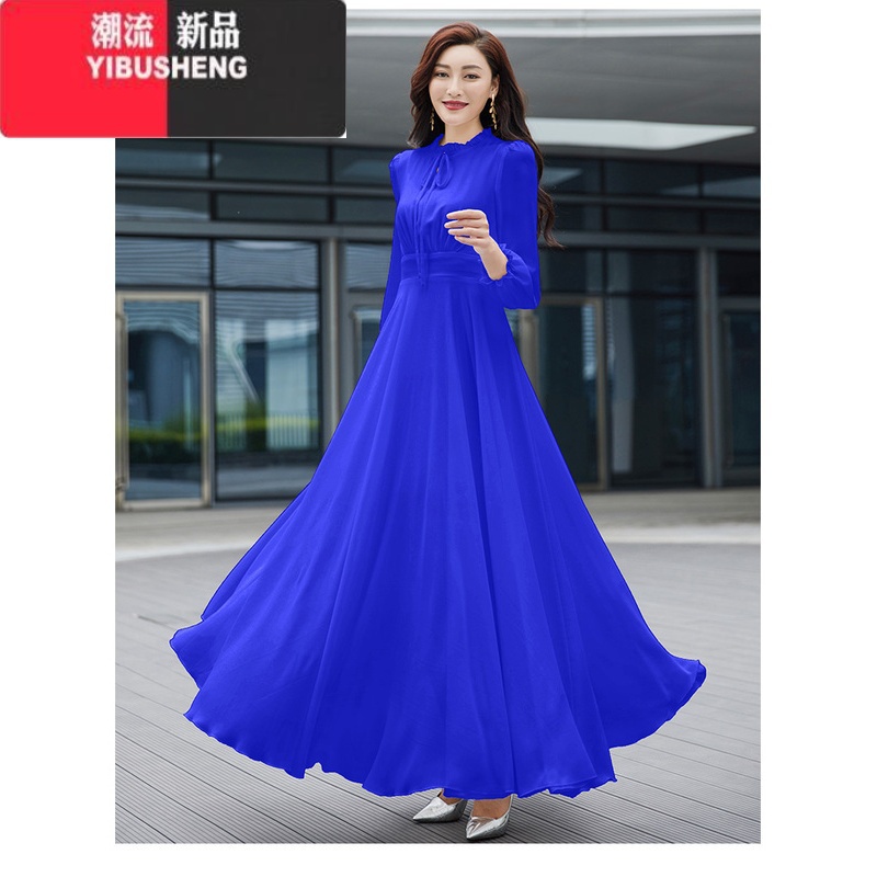 YIBUSHENG2024新款女长袖系带领纯色雪纺连衣裙修身显瘦沙滩度假长款大摆裙高清大图