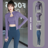 瑜伽服女春夏季紧身显瘦健身房速干衣健身服晨跑运动套装 M 【四件套】紫色上衣+香鲸蓝长裤