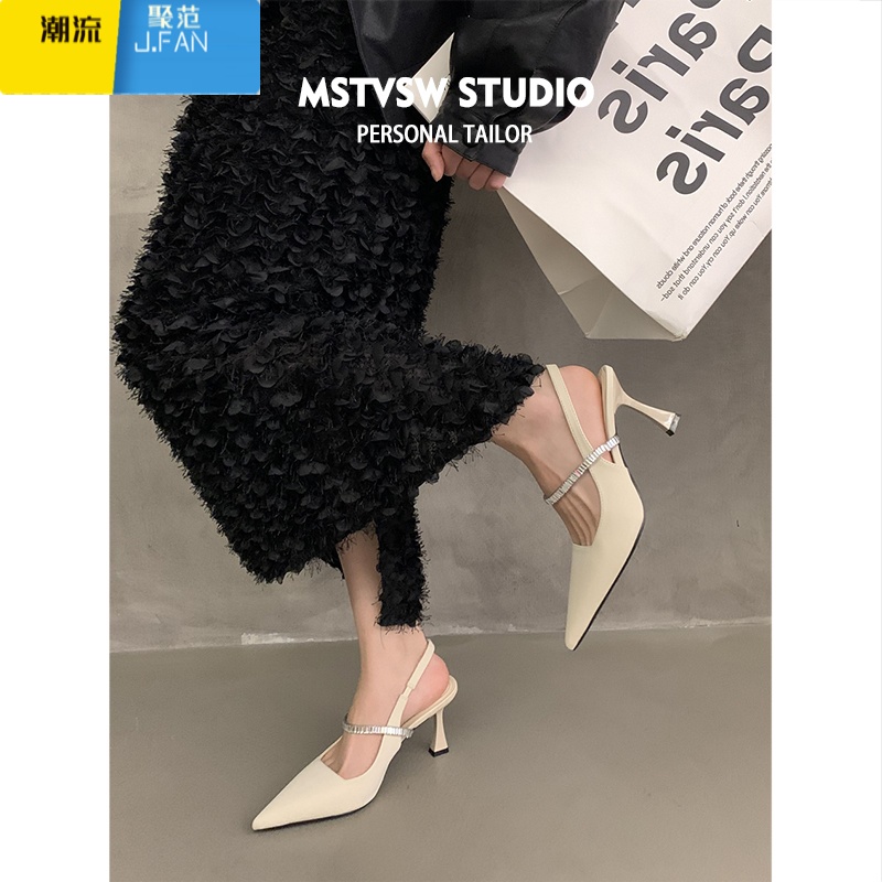 聚范黑色高跟鞋女细跟2024新款尖头包头凉鞋配裙子法式玛丽珍单鞋高清大图