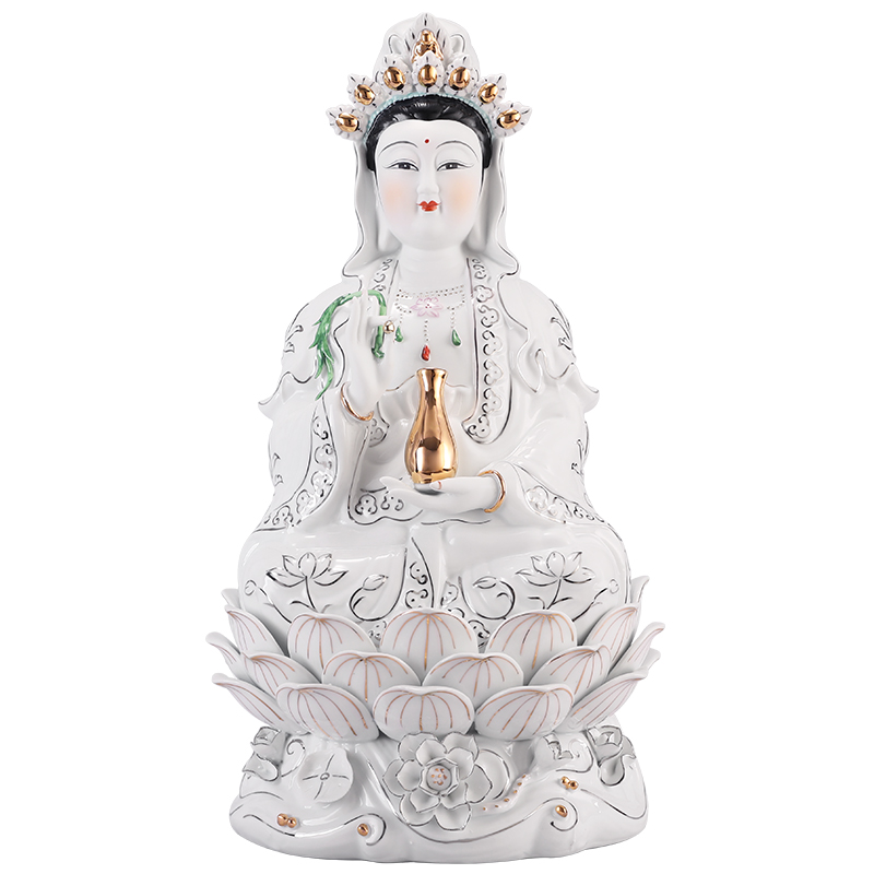 纯白南海观音菩萨佛像家用陶瓷居家供奉客厅摆件白衣坐莲观世音 三维工匠 14寸高清大图