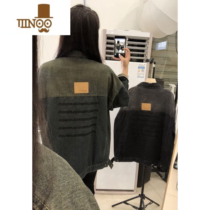 YANXU美式高街网红水洗黄泥复古牛仔外套后背字母夹克做旧宽松情侣男女高清大图