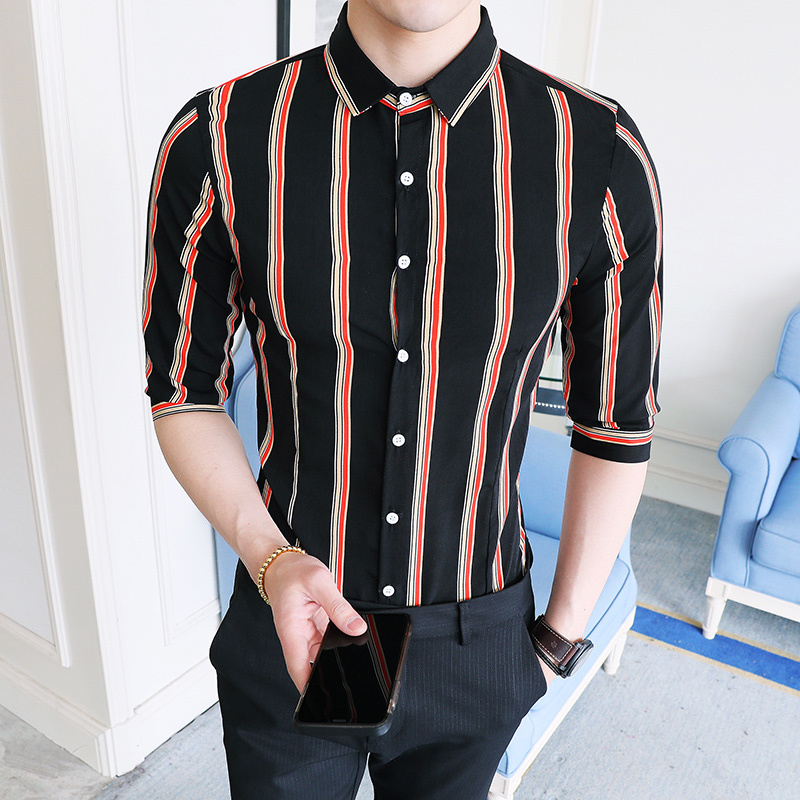 夜店型师型男条纹中袖衬衫2018夏款新款免烫七分袖工作服男寸衫