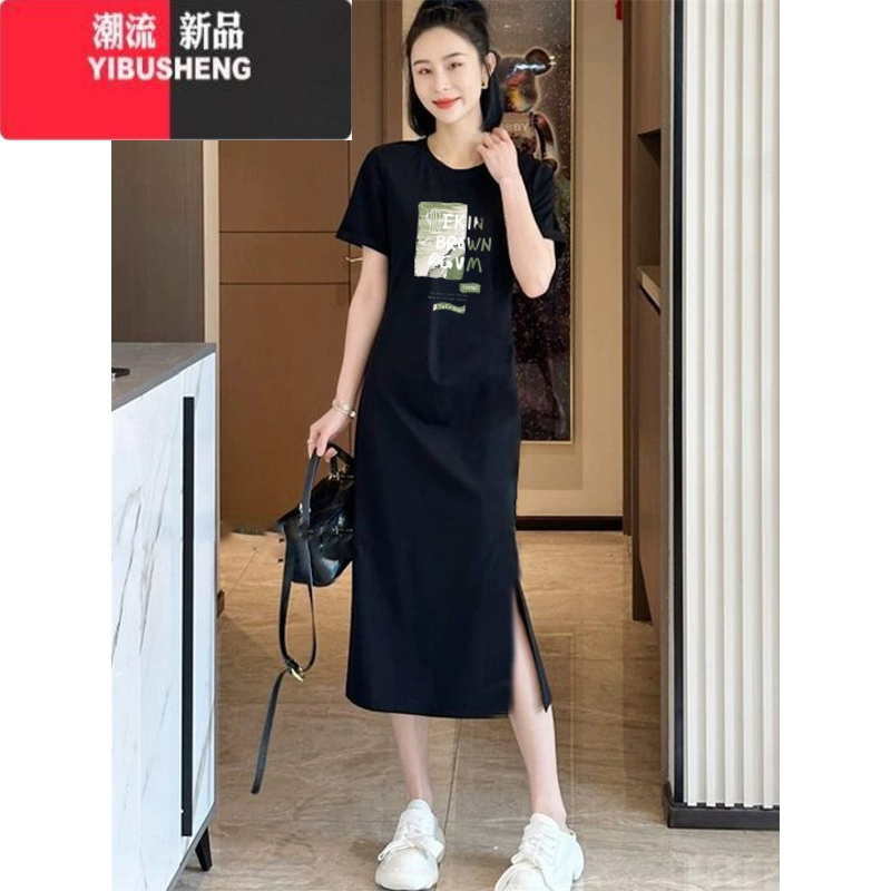 YIBUSHENG黑色开叉t恤连衣裙女2024年新款休闲宽松中长款过膝短袖裙子ins
