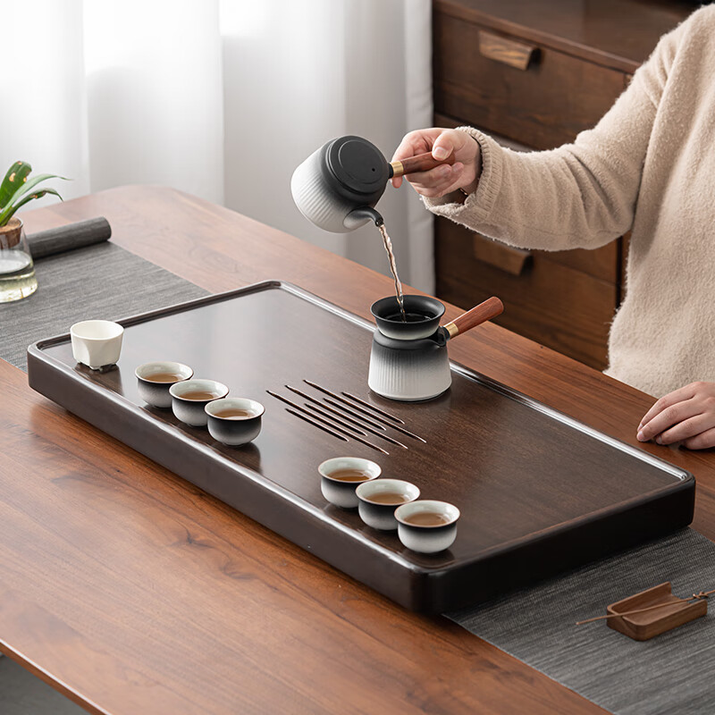 苏氏陶瓷/SUSHI CERAMICS JA16 花梨实木正板切割黑檀木色春色办公家用排水式茶盘高清大图