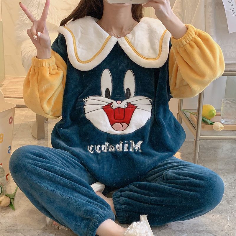 睡衣女秋冬季法兰绒韩版甜美卡通公主风家居服珊瑚绒加厚保暖套装