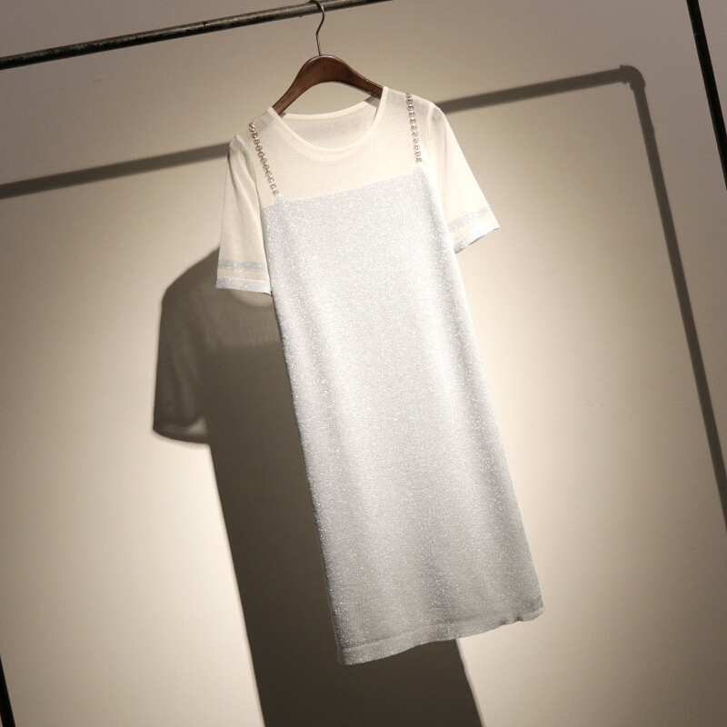 哦呀苏米链条带拼接假两件撞色t恤女中长款宽松短袖针织t恤裙白色均码