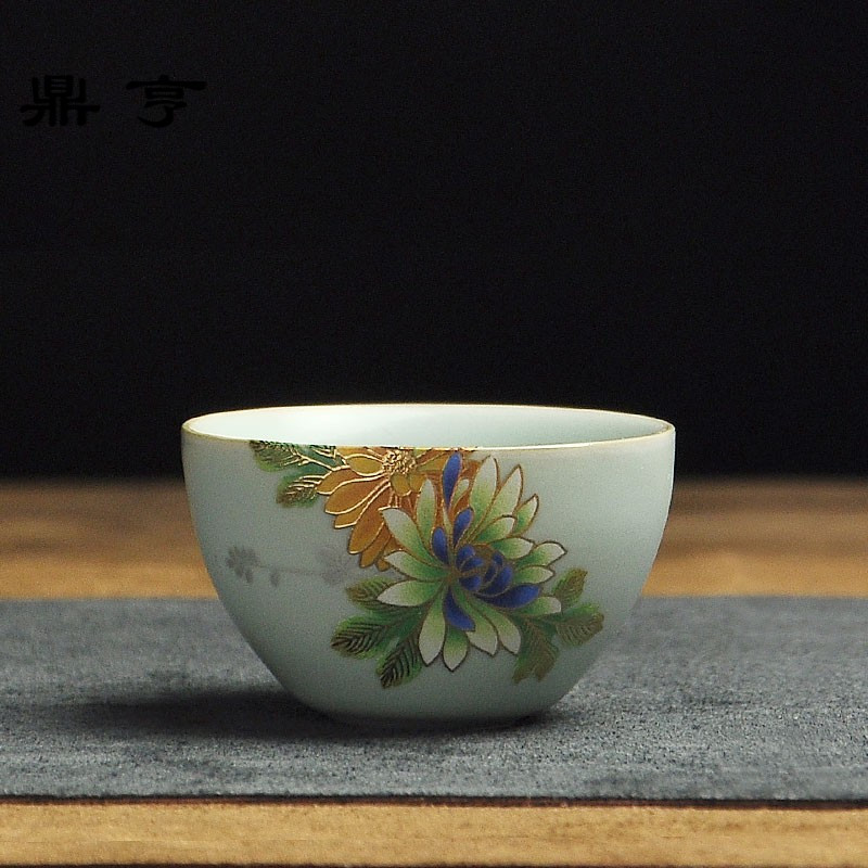 鼎亨清雅凝香天青汝窑开片浅浮金边花茶杯品茗杯主人杯陶瓷功夫