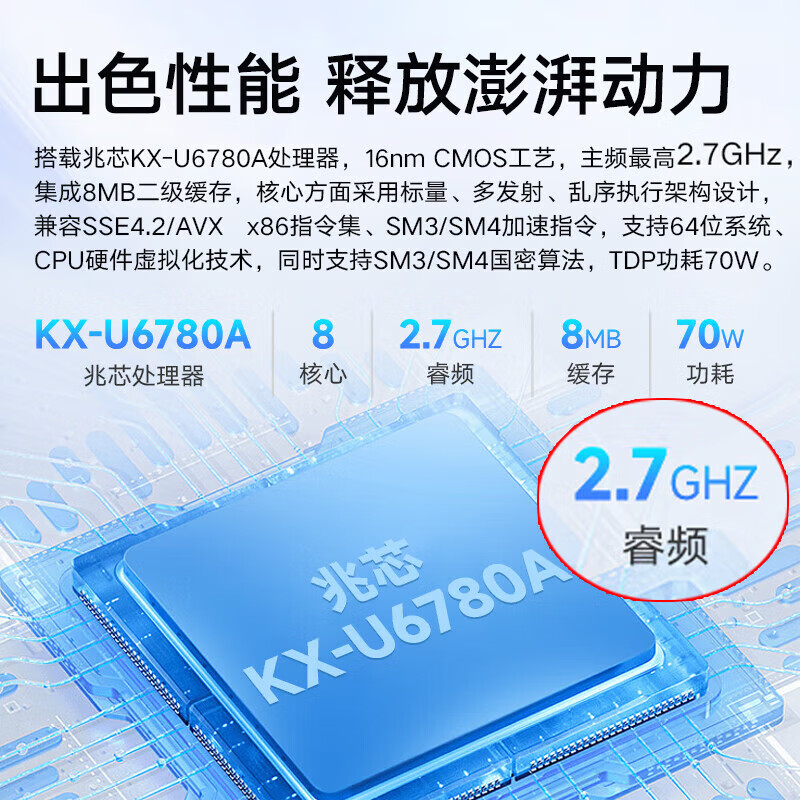 联想(Lenovo)开天M630Z 国产化台式机升级兆芯KX-U6780A/32G/512G+2T/2G/国防麒麟/统信高清大图