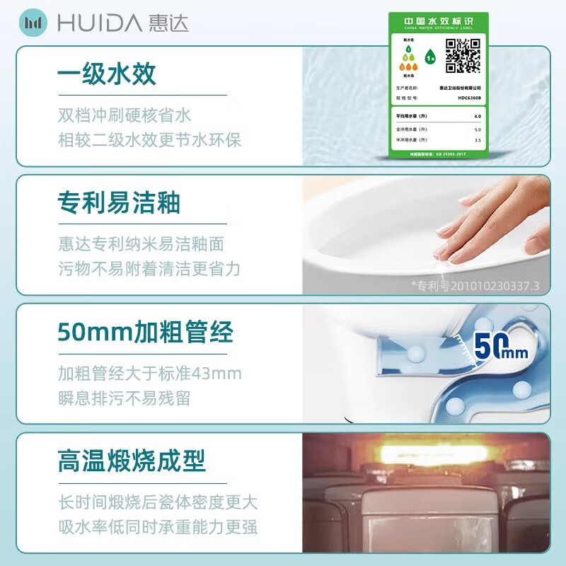 惠达（HUIDA）-6360Q /6360QN双旋式虹吸加粗管道马桶抗菌座圈连体座便器-无棱内壁-超漩虹吸-脲醛盖板高清大图