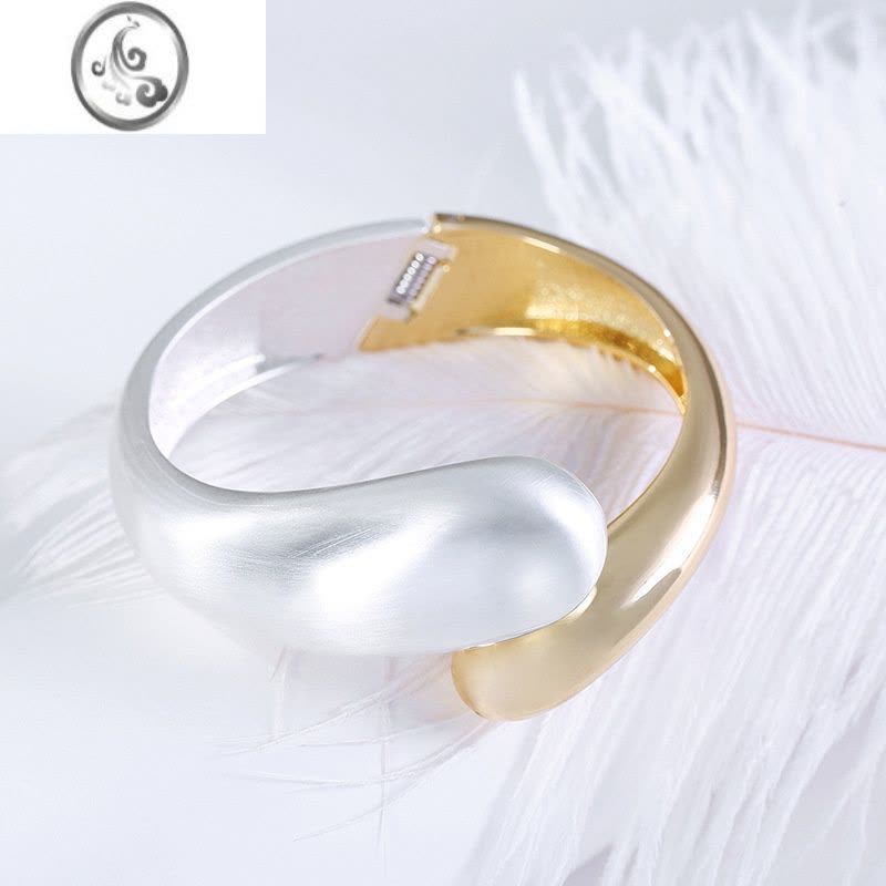 JiMi新款欧美流行简约冷淡风双头双色拼接开口合金弹簧宽手镯女配饰品图片