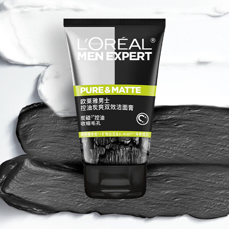 欧莱雅洁面膏男士控油炭爽双效洁面膏收缩毛孔去油100ml高清大图