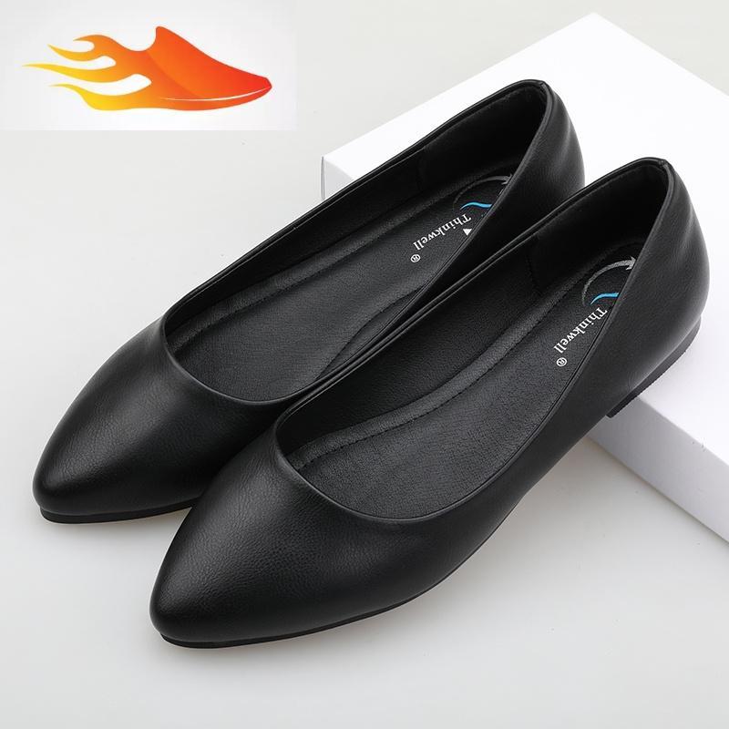 fishbasket工作鞋女31黑色平底尖头浅口单鞋32大码42小皮鞋41职业小码