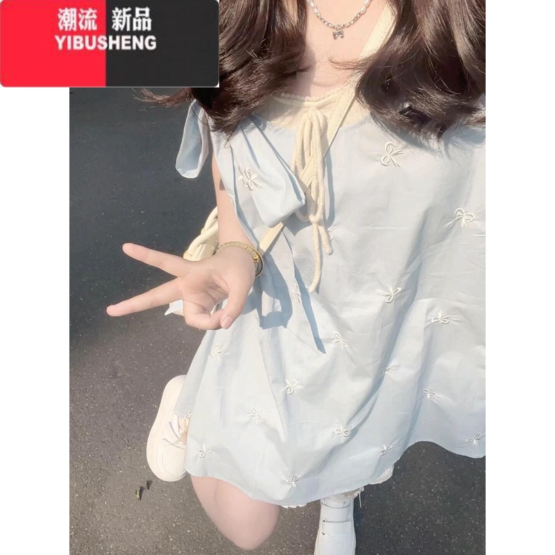 YIBUSHENG小个子连衣裙季一整套蓝色蝴蝶结刺绣宽松甜美背心吊带娃娃短裙 裙子内搭两件套 S建议85-100斤