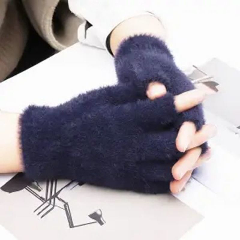手套女冬保暖可爱学生加绒加厚韩版毛绒五指露指翻盖两用ins手套 简约蓝