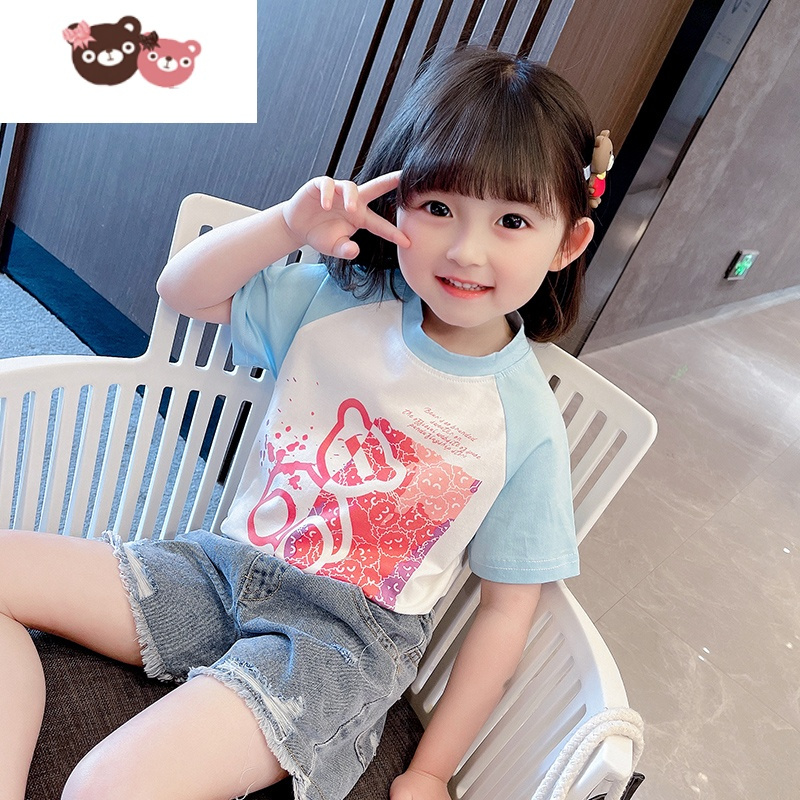 绿彩虹光女童短袖t恤2022新款小童时髦宽松半袖女宝宝洋气夏装韩版上衣潮tT恤