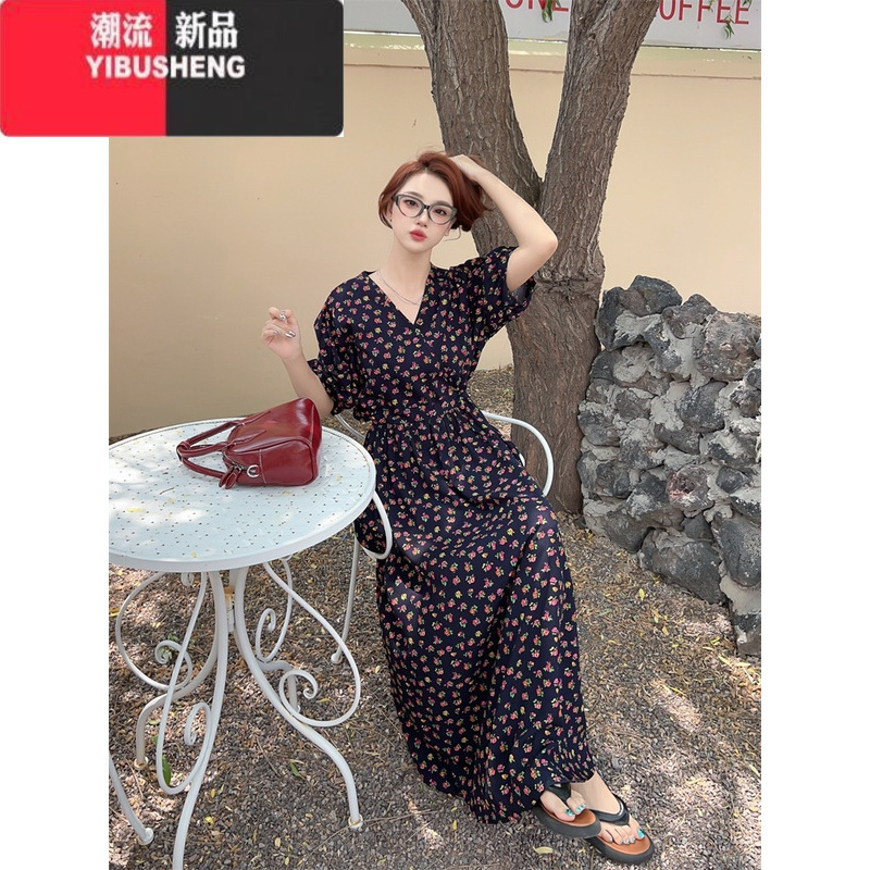 YIBUSHENG棉绸碎花连衣裙2024新款季级感大码胖mm裙子收腰显瘦法式长裙