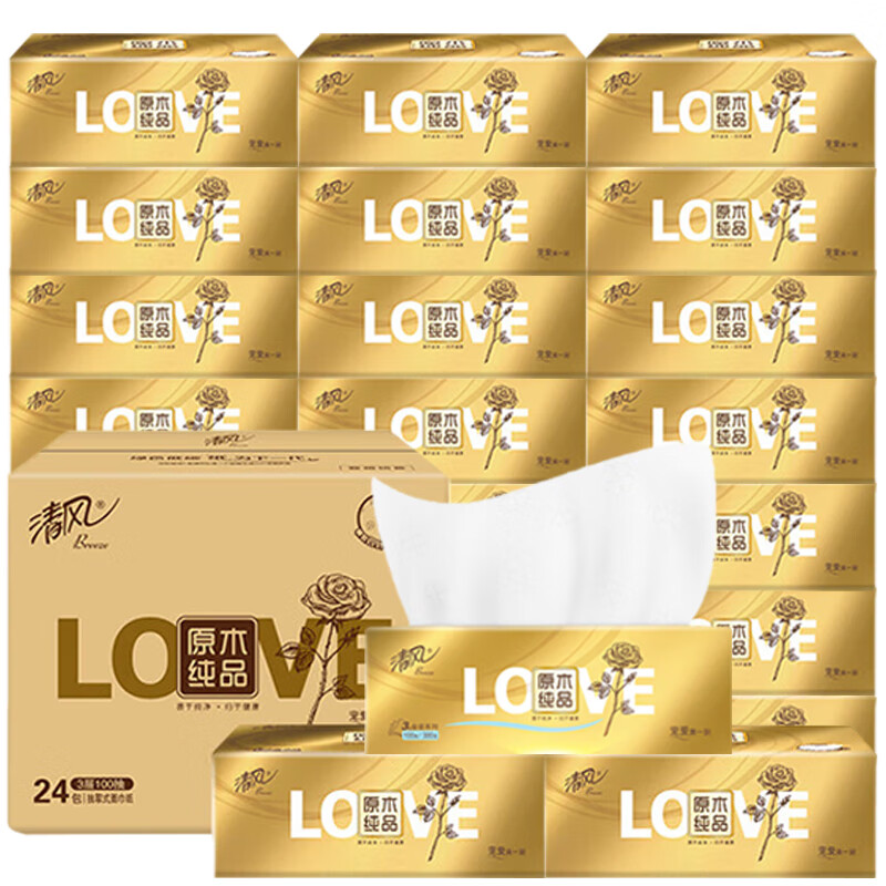 清风原木金装系列3层100抽*24包抽取式面纸AR42GZZ2一箱(新老包装随机)