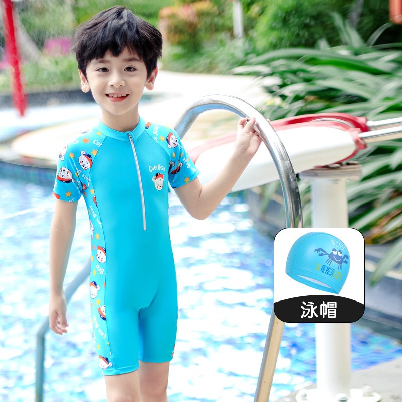儿童泳衣夏男童女童连体小中大童短袖沙滩男孩宝宝大码温泉游泳衣 蓝色小熊+泳帽 2XL（建议身高120-130cm体重50-60斤）